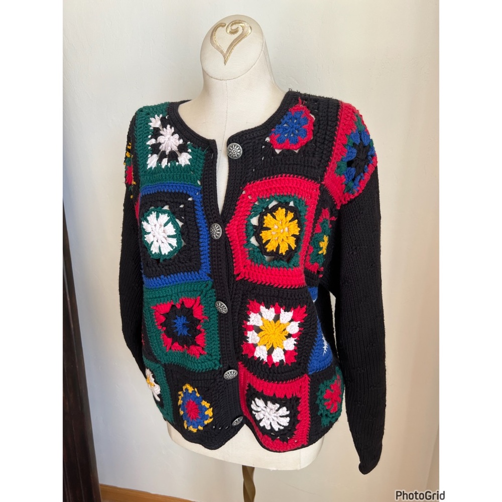 Vintage GAP 90s Grannycore Granny Square Knit Cardigan medium - Picture 2 of 5
